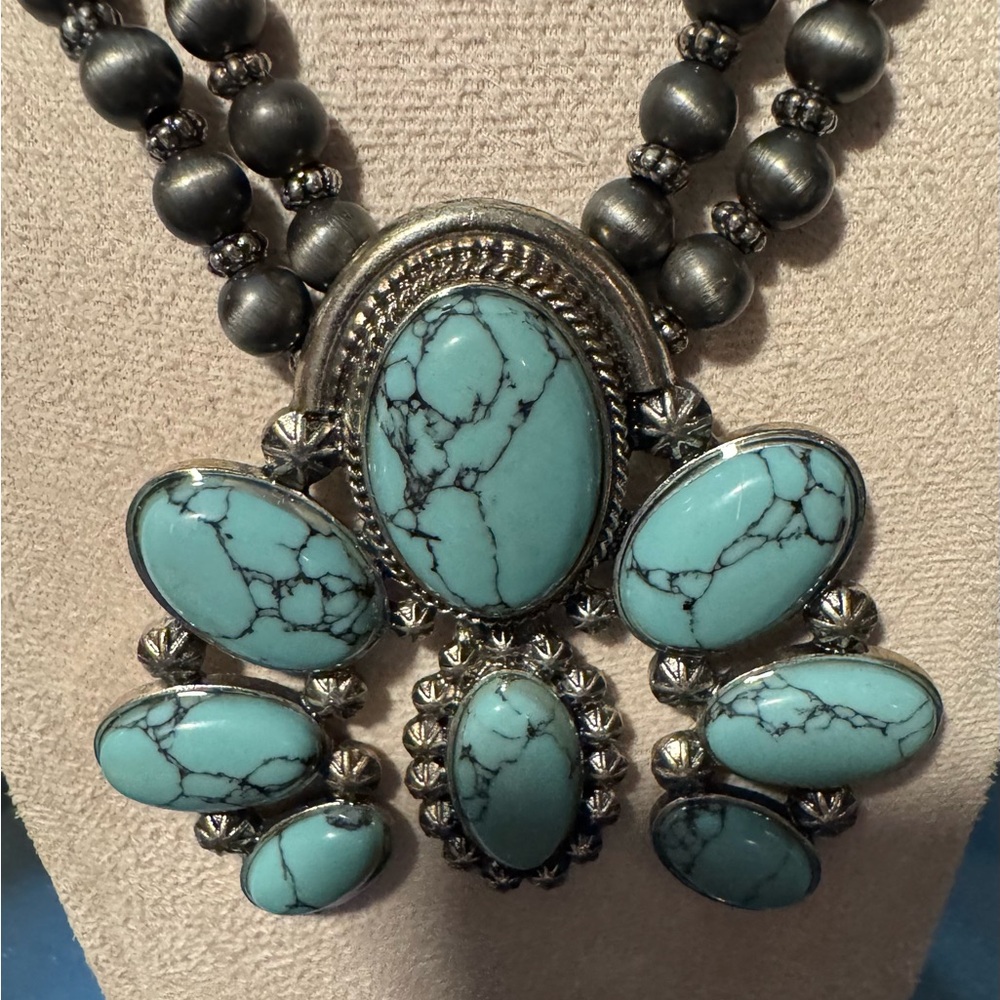 Turquoise Looking And Silver Statement Necklace C… - image 2